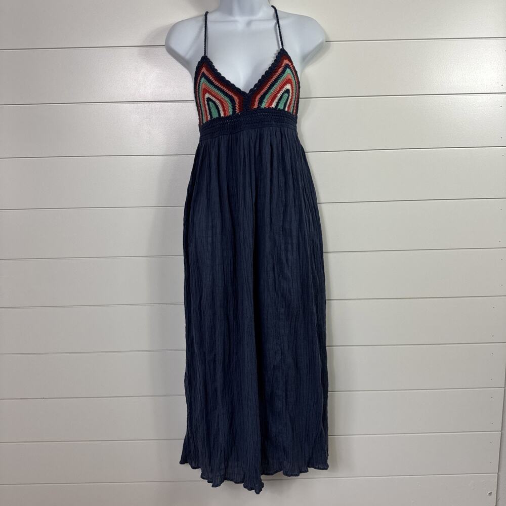 Aerie Boho Crochet Bodice Gauzy Crinkle Maxi Dress Blue sz XS/S